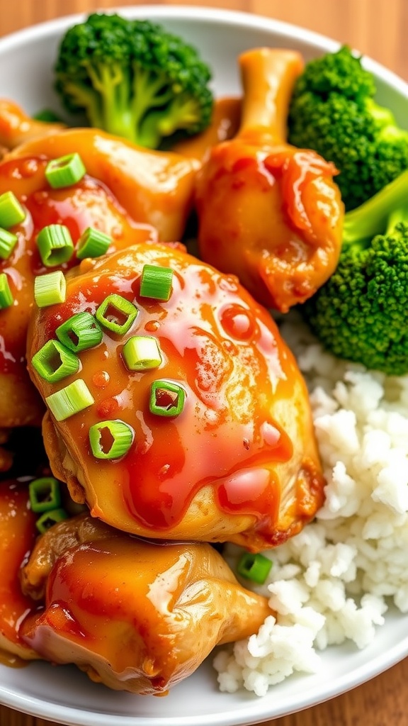 Plated honey garlic chicken with green onions, served with broccoli and rice.